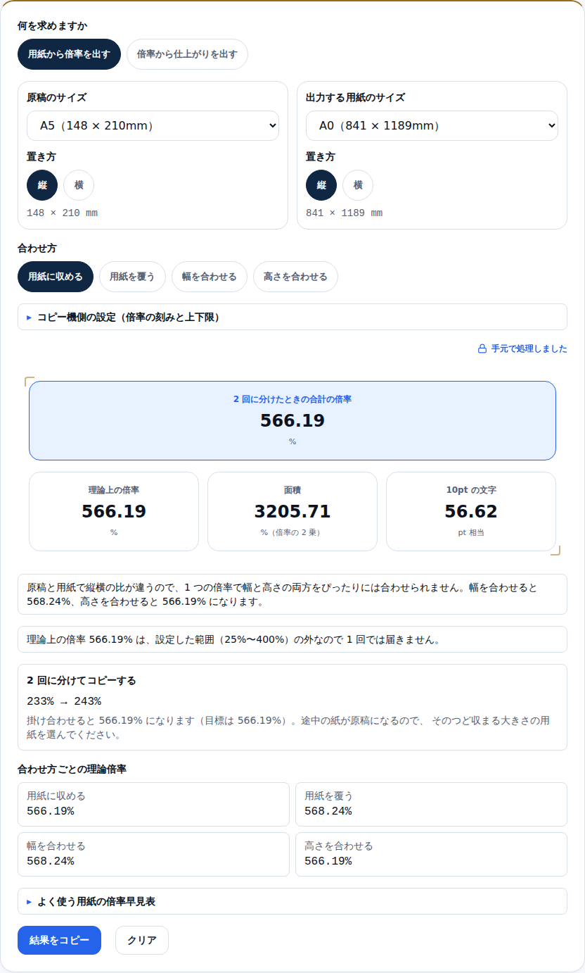 A5からA0への拡大画面。見出しに「2回に分けたときの合計の倍率 566.19%」と出て、その下に「理論上の倍率566.19%は、設定した範囲(25%〜400%)の外なので1回では届きません」という通知と、「2回に分けてコピーする 233% → 243%」のカードが並んでいる