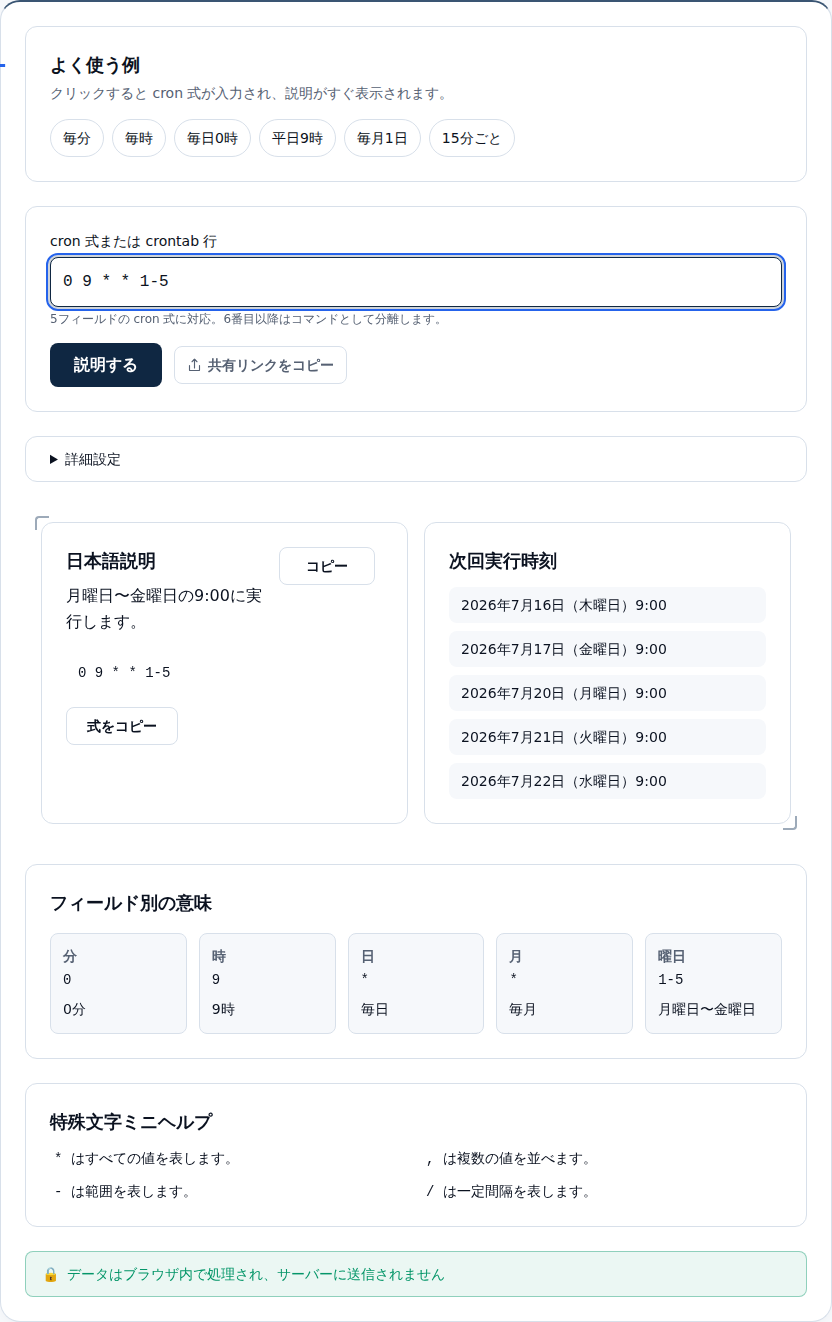 「0 9 * * 1-5」を平日9時と説明し、次回実行時刻を並べた画面