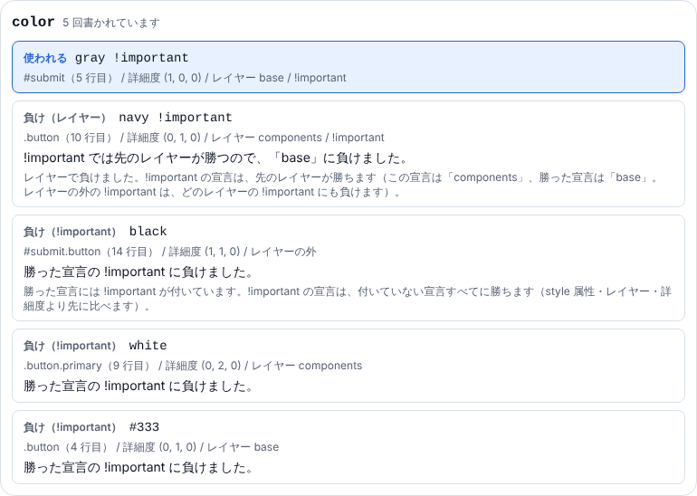 color のカード。使われるのは #submit の gray !important(レイヤー base)で、その下に負けとして、.button の navy !important はレイヤーで負けた、#submit.button の black と .button.primary の white と .button の #333 は勝った宣言の !important に負けた、と並んでいる