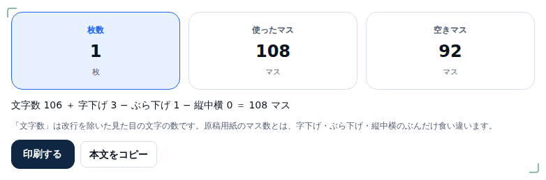 用紙を200字詰めに変えた集計。使ったマスは108のままで、空きマスだけ292から92に減っている