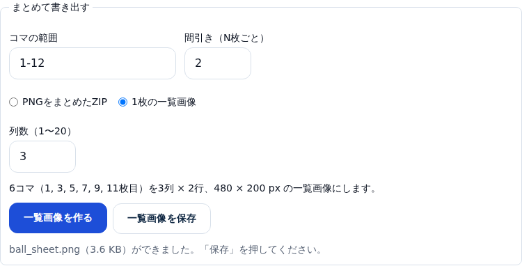 まとめて書き出す欄。コマの範囲に 1-12、間引きに 2、形式は 1 枚の一覧画像、列数 3。「6コマ（1, 3, 5, 7, 9, 11枚目）を3列 × 2行、480 × 200 px の一覧画像にします。」と出て、作ったあとに ball_sheet.png ができたと表示されている