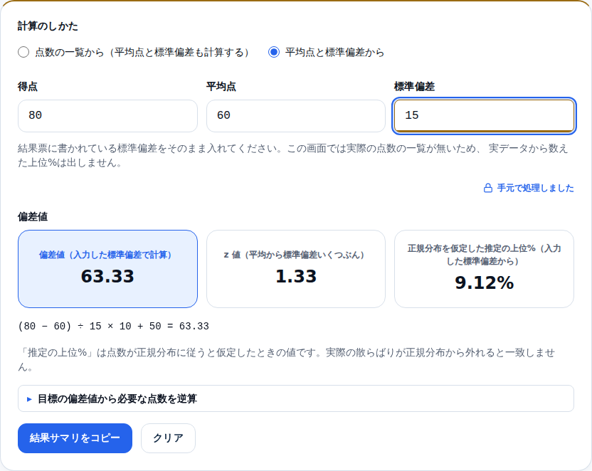 数値モードの画面。得点80・平均点60・標準偏差15を入れて、偏差値63.33、z値1.33、推定の上位9.12%が出ている