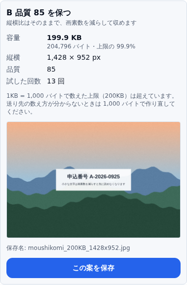 1,024 バイトで数えたときの B 案のカード。1,428 × 952 px・204,796 バイト（上限の 99.9%）で、「1KB = 1,000 バイトで数えた上限（200KB）は超えています」と注意が出ている