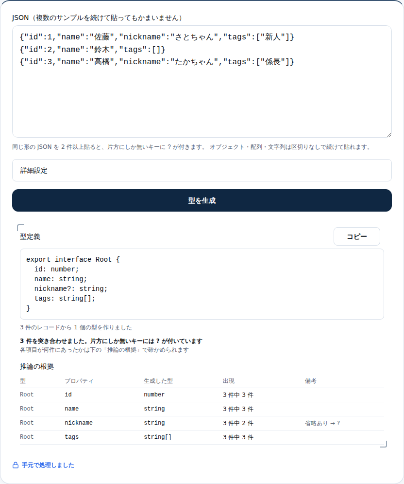 3件のレスポンスをまとめて貼った結果。nickname にだけ ? が付いた型定義が出ている