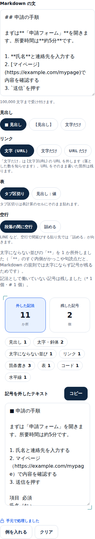 スマホの幅で例を入れた画面。見出し・リンク・表・空行のボタンが1列に並び、通知、外した記法と残した記号の2つの数字、内訳の札、変換後の文が続いている