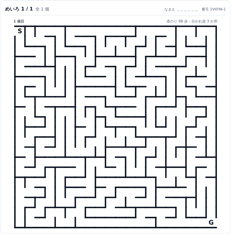 印刷される紙面。左上に「めいろ 1 / 1 全1個」、右上になまえ欄と番号1VI0YA-1、その下に20×20の迷路が1つ並び、左上にS・右下にGの文字が入っている