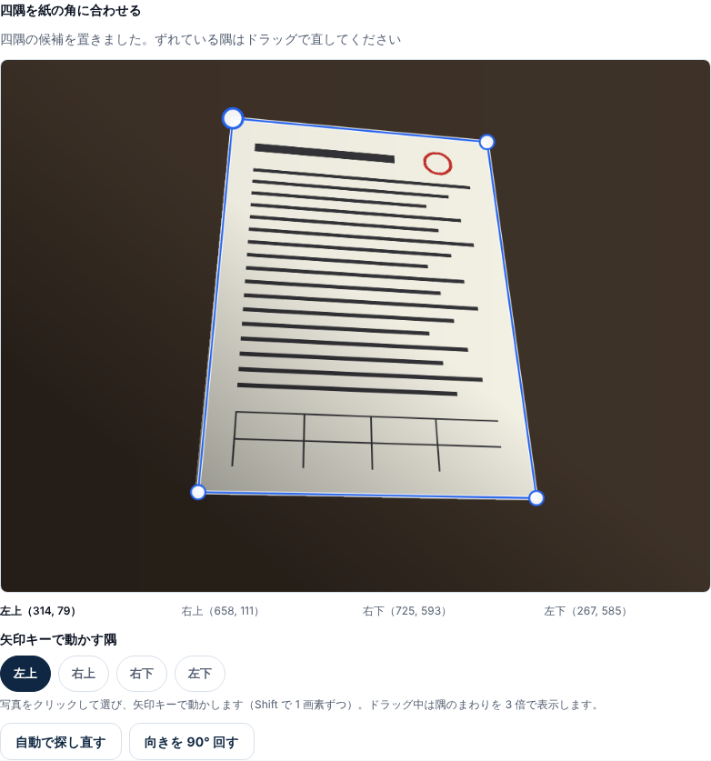 斜めに写った書類の写真の上に、紙の四隅を結ぶ青い枠と白い丸の印が置かれている。下に四隅の位置の一覧と「自動で探し直す」「向きを 90° 回す」のボタンがある