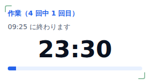 375px幅のスマホ表示。作業(4回中1回目)と09、その下に大きく残り時間が出ている