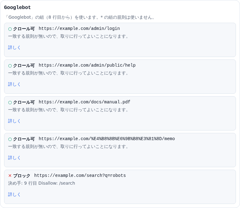 Googlebot の判定カード。Googlebot の組を使い * の組の規則は使わないと説明があり、/admin/login を含む 4 件がクロール可、search だけがブロックになっている