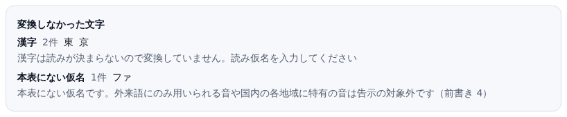 「東京 ファイル やまだ」と入力したときの通知。漢字2件(東・京)と、本表にない仮名1件(ファ)が理由つきで並んでいる