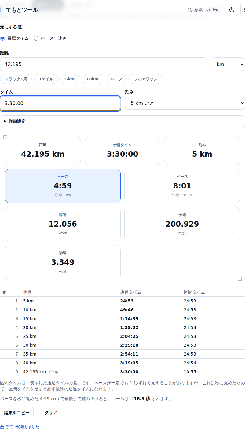 フルマラソンを3:30。5km刻みで9行あり、区間タイムは24:53が続いたあと40kmだけ24