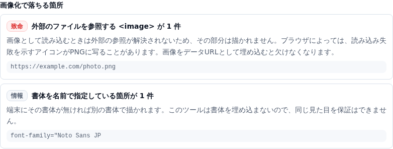 診断カード。「致命 外部のファイルを参照する image が 1 件」と「情報 書体を名前で指定している箇所が 1 件」が、それぞれ説明と該当箇所つきで並んでいる