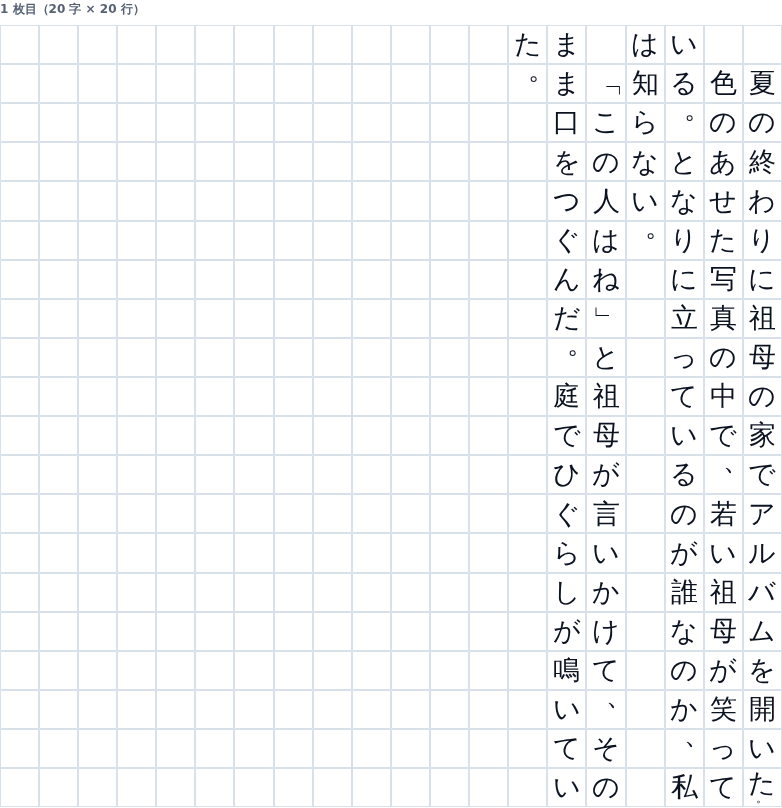 例文を入れた原稿用紙。右から左へ7行ぶんの文章が入り、1行目の最後のマスに「た。」が同居している