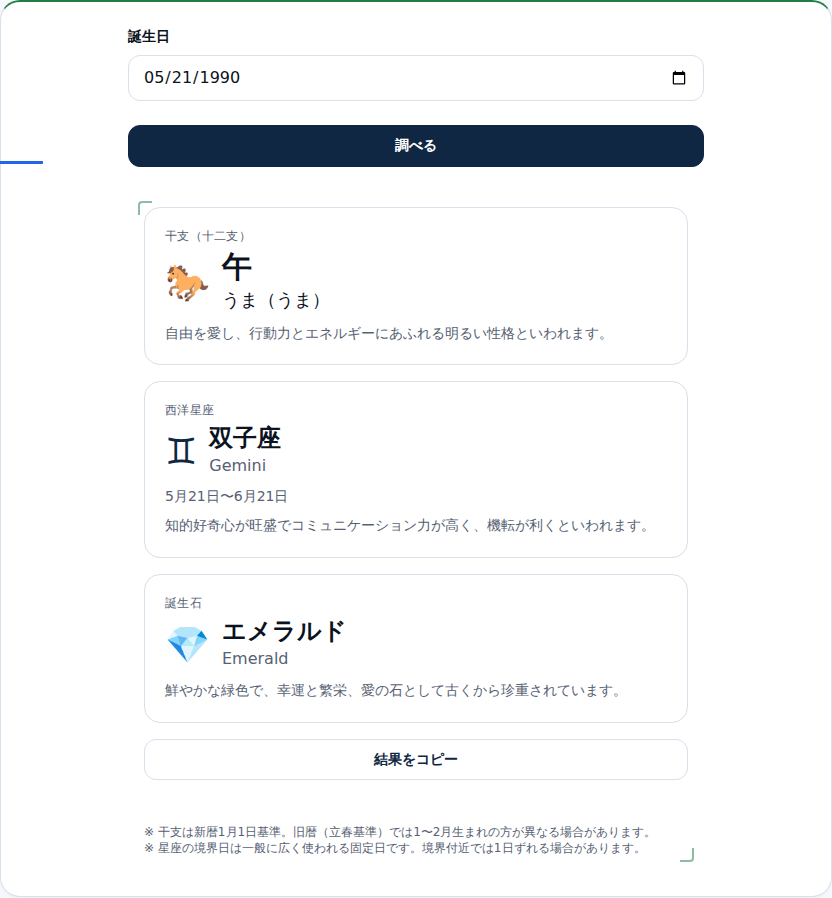 「結果をコピー」を押した画面